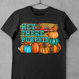 May include: Black t-shirt with a graphic of pumpkins and the text "Hey There Pumpkin" in teal and orange.