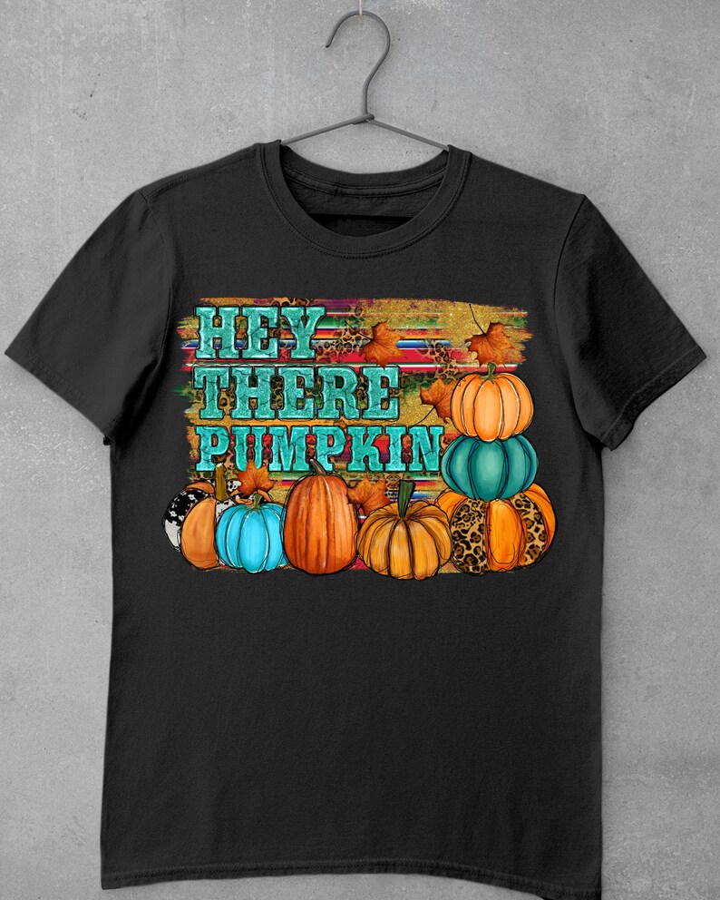 May include: Black t-shirt with a graphic of pumpkins and the text "Hey There Pumpkin" in teal and orange.