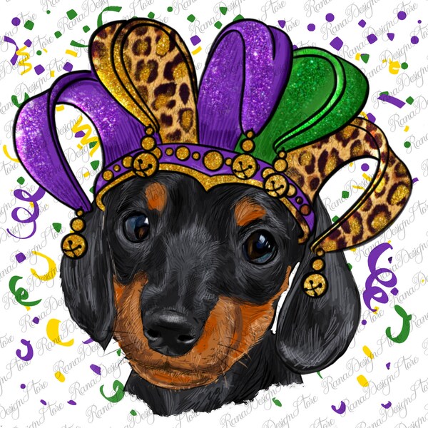 Mardi Gras Dachshund Puppy with Hat Sublimation Design,Mardi Gras Dachshund Puppy Png,Mardi Gras Png, Dachshund Puppy Png, Digital Download,