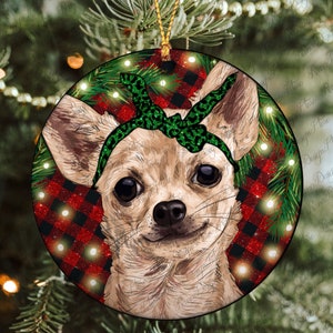Christmas Chihuahua With Buffalo Plaid Ornament Png, Chihuahua Ornament Png, Round Christmas Ornament,Christmas Ornament Sublimation Png