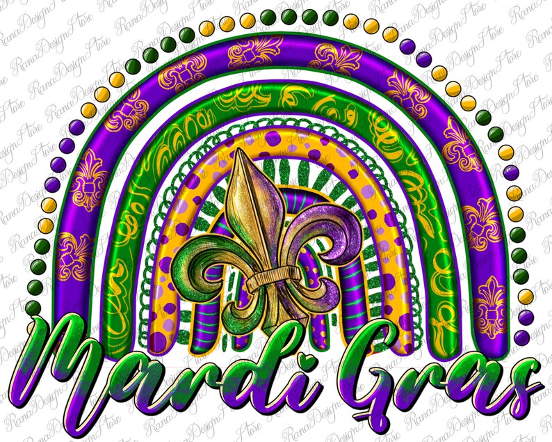 Puede incluir: Un dise&ntilde;o de arco&iacute;ris colorido con un lirio en el centro y el texto "Mardi Gras" en letras moradas y verdes.