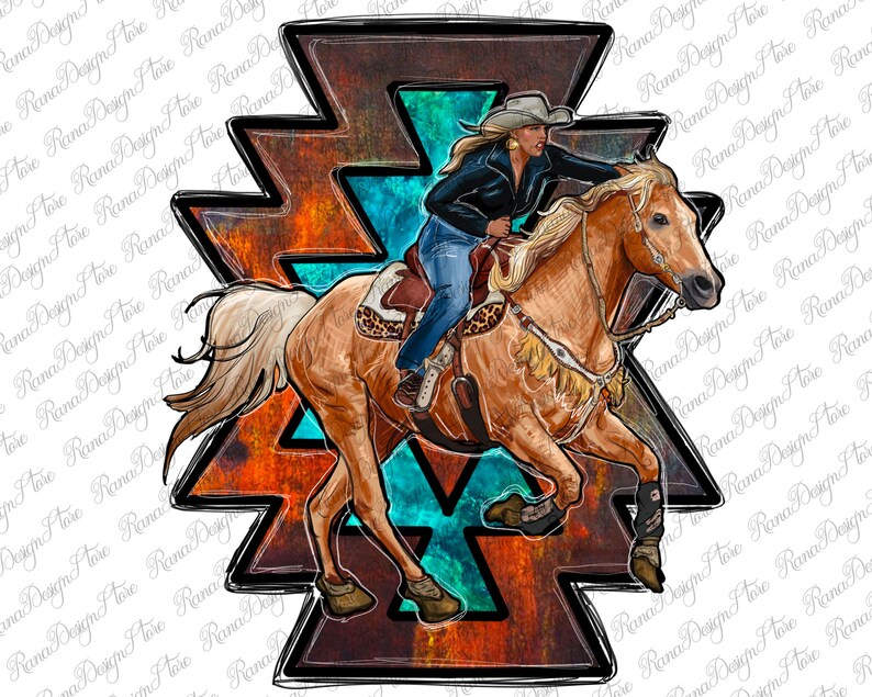 May include: Illustration of a woman riding a horse, set against a turquoise and brown geometric design. The woman wears a cowboy hat, black jacket, and blue jeans. The horse is a light brown color.