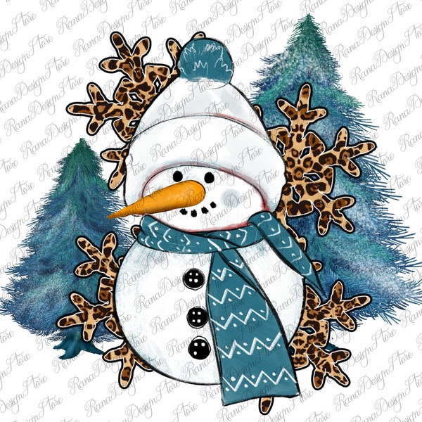 Pupazzo di neve invernale Png, pupazzo di neve albero inverno PNG, file PNG pupazzo di neve, pupazzi di neve invernali PNG, fiocchi di neve leopardo, design di sublimazione, download digitale