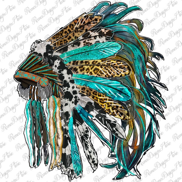 Indian Feather Headdress With Western Pattern Png Design,Indian Headdress Png, Indian Feather Png, Native American Png, Instant Download