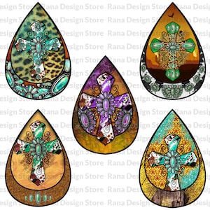 Western Teardrop Cross Earring Design Bundle, Cowhide, Turquoise, Gemstone Cross,, Digital Download, Png Sublimation, Instant Download