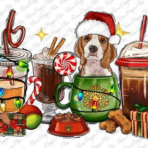 Christmas coffee cups with Beagle png sublimation design download, Christmas png, coffee cups png, Beagle png, sublimate designs download