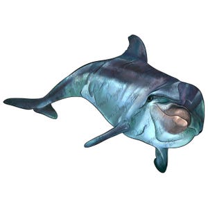 May include: A digital illustration of a blue and purple dolphin swimming with its mouth open. The dolphin has a white belly and a dark blue eye.