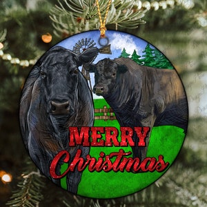 Black Angus Rinder und Stier Frohe Weihnachten Runde Ornamente Png, Weihnachtsverzierungen, Black Angus Stier Ornamente, Sublimationsdesign Downloads