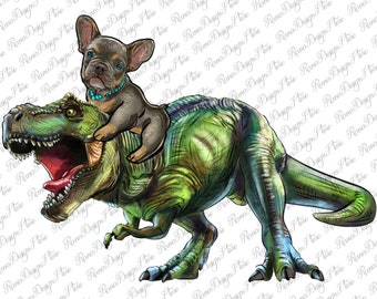 French Bulldog riding T-rex dinosaur png sublimation design download, hand drawn Bulldog png, t-rex png, sublimate designs download