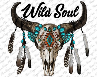 Wild Soul Boho Bull Skull PNG Sublimation Design, Feather Bull Skull Png, Western Bull Skull Png, Gemstone Bull Skull Png, Instant Download