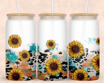 Cowhide sunflower libbey glass png sublimation design download, western libbey glass png, sublimate designs download
