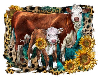 Hereford cow and calf with leopard png sublimate designs download, hand drawing cow png, western cow png, sublimate designs download
