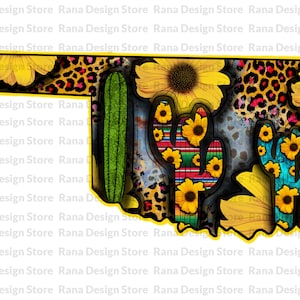 Sonnenblumen Kaktus Oklahoma Map Design,Oklahoma Karte,Sonnenblume Oklahoma,Türkis Kaktus,Western Oklahoma,Sublimation Design,Digital Download