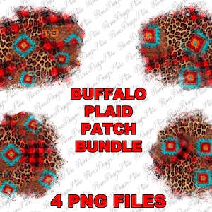 Könnte beinhalten: Vier digitale Grafikdesigns mit einem Buffalo-Karomuster, Leopardenmuster und türkisfarbenen und roten geometrischen Formen. Die Designs sind auf einem weißen Hintergrund mit einem abgenutzten, verblassten Effekt. Der Text "BUFFALO PLAID PATCH BUNDLE" und "4 PNG FILES" ist in Rot geschrieben.