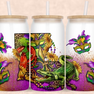 Mapa de Louisiana con Mardi Gras cocodrilo libbey glass png sublimación diseño descargar, Louisiana Map libbey glass png, sublimar descargar