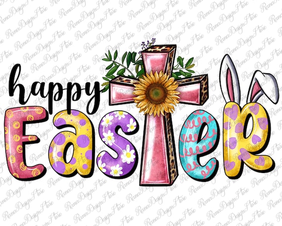 Happy Easter PNG, Eggs Flowers Easter Rainbow Colorful Kid Jesus