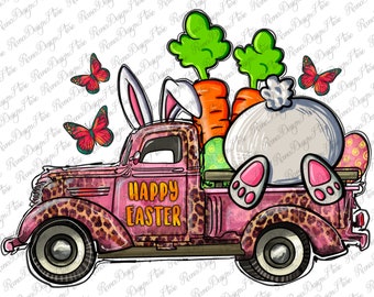 Happy Easter Pink Truck With Bunny Png Sublimation Design, Easter Sublimation Png, Easter Truck Png, Easter Bunny With Carrots Png Downloads