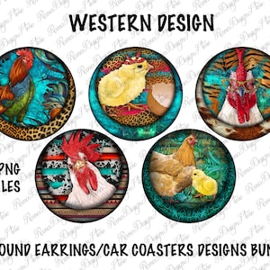 Western Farm Animals Rooster Chicken And Chick Round Earrings Bundle Png Sublimation Design, Car Coaster/ Earrings Png, Digital Downloads