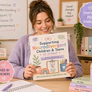 Pode incluir: Uma mulher segura um livro intitulado "Supporting Neurodivergent Children & Teens at School." A capa apresenta ilustra&ccedil;&otilde;es de uma planta, um arco-&iacute;ris e l&aacute;pis. O fundo inclui um quadro branco com palavras como "Connection" e um sinal que diz "You matter."