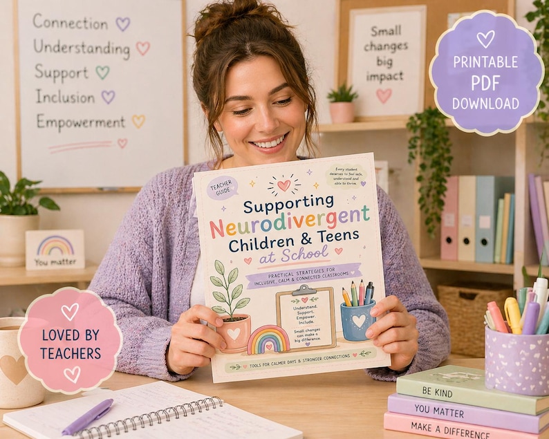 Pode incluir: Uma mulher segura um livro intitulado "Supporting Neurodivergent Children & Teens at School." A capa apresenta ilustra&ccedil;&otilde;es de uma planta, um arco-&iacute;ris e l&aacute;pis. O fundo inclui um quadro branco com palavras como "Connection" e um sinal que diz "You matter."