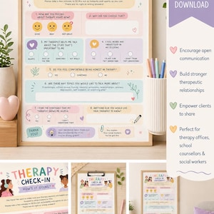 Könnte beinhalten: Ein gerahmtes Therapy Check-In druckbares PDF mit einem hellen Holzrahmen. Das Poster enthält einen Fragebogen mit Illustrationen und Text, der für Therapiesitzungen konzipiert wurde. Die Farbpalette umfasst Pastelltöne von Rosa, Lila und Grün.