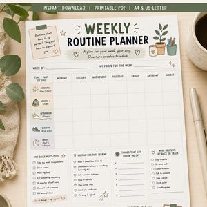 Peut inclure: Un planificateur de routine hebdomadaire imprimable avec une grille du lundi au dimanche, des sections pour les tâches quotidiennes, des idées de soins personnels et des conseils. Il comporte des illustrations de plante, bougie et pot à crayons.