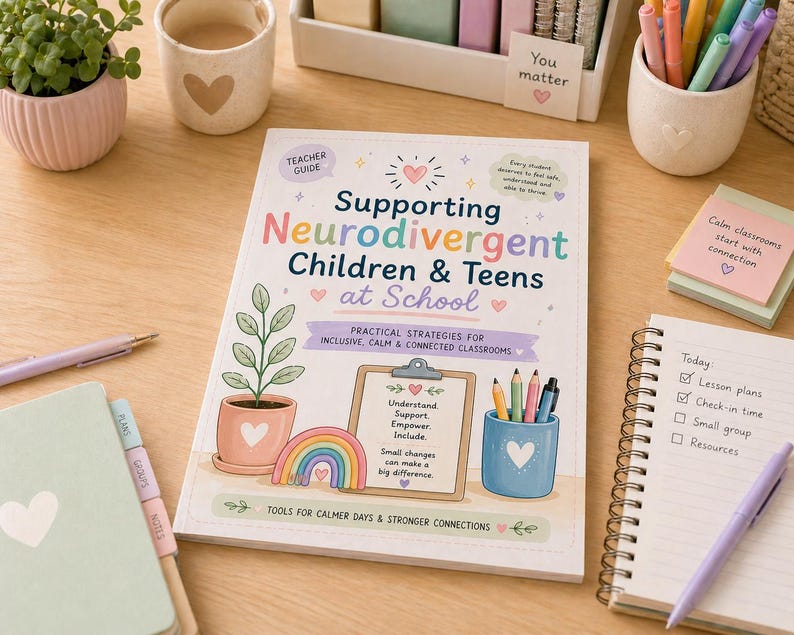 Pode incluir: Um livro intitulado "Supporting Neurodivergent Children & Teens at School" &eacute; exibido em uma superf&iacute;cie de madeira, rodeado por artigos de papelaria e uma pequena planta em vaso. A capa do livro apresenta ilustra&ccedil;&otilde;es e texto coloridos, incluindo um arco-&iacute;ris e um cora&ccedil;&atilde;o.