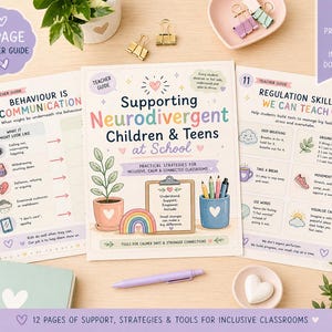 Pode incluir: &Eacute; apresentado um guia para professores colorido com o t&iacute;tulo "Supporting Neurodivergent Children & Teens at School". O guia apresenta ilustra&ccedil;&otilde;es e texto sobre comportamento, comunica&ccedil;&atilde;o e habilidades de regula&ccedil;&atilde;o. &Eacute; projetado para salas de aula inclusivas.
