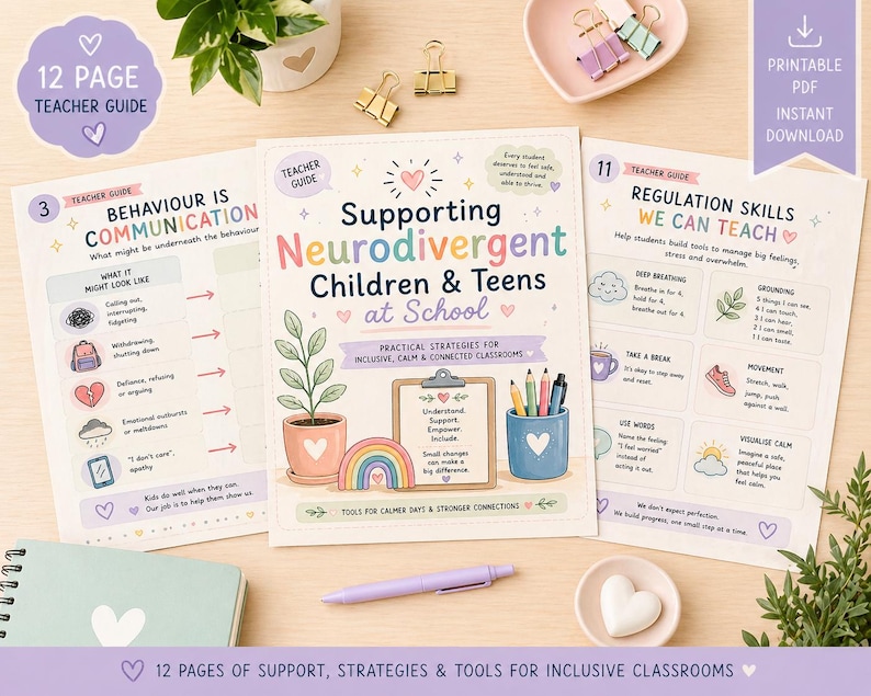 Pode incluir: &Eacute; apresentado um guia para professores colorido com o t&iacute;tulo "Supporting Neurodivergent Children & Teens at School". O guia apresenta ilustra&ccedil;&otilde;es e texto sobre comportamento, comunica&ccedil;&atilde;o e habilidades de regula&ccedil;&atilde;o. &Eacute; projetado para salas de aula inclusivas.