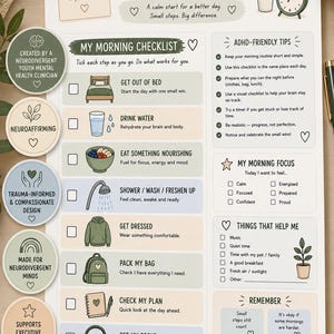 May include: A printable morning checklist document featuring a daily routine guide with icons for getting out of bed, drinking water, eating, showering, dressing, packing a bag, checking a plan, and setting focus, plus ADHD-friendly tips and notes.