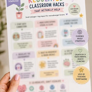 May include: A printable PDF document titled Safe & Regulated Classroom Hacks That Actually Help. The page features pastel-coloured sections with text, icons, and illustrations, including a potted plant, stars, and hearts, with additional circular badges.