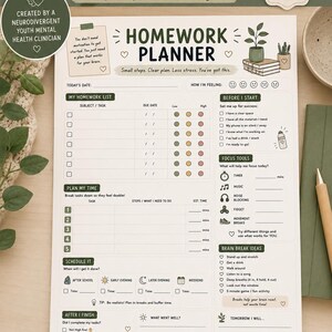 Può includere: Un pianificatore di compiti su carta bianca con accenti verdi e marroni. Include sezioni per compiti, scadenze, livelli di priorità, strumenti di concentrazione e idee per le pause. Il testo include la scritta 'Homework Planner'.