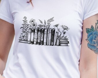 Floral Bookshelf T-Shirt, Vintage Book Lover Gift