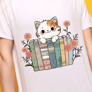 Cute Cat and Flowers Book Shirt For Book Lover, Books Gift for Reader, Librarian, Bookworm, Book Nerd, Cat Mom, Cat Lovers