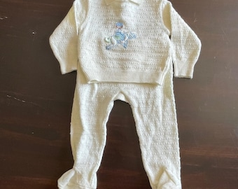 Vintage First Impressions Baby Boy Cream Knit Sweater Footed Pant Set 6-9 Months
