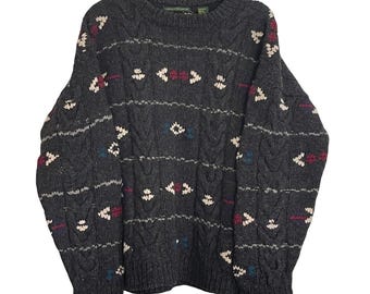 Embassy Row Mens L Hand Knit Shetland Wool Sweater Charcoal Grey Cable Geometric