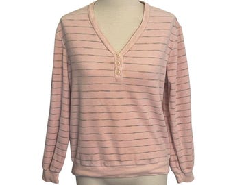 Vintage 80s Levi Strauss Pink Striped Henley Velour Sweatshirt Pullover Women's