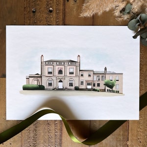 May include: A watercolour illustration of a large, pale pink building with white trim. The building has a symmetrical facade with a central entrance and multiple windows. The building is surrounded by green trees and bushes.