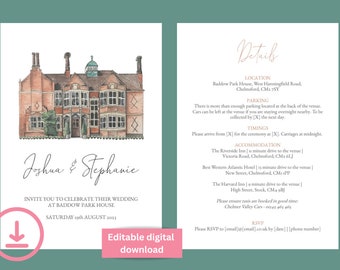 Baddow Park House Illustrated Invitation - Digital Template Download