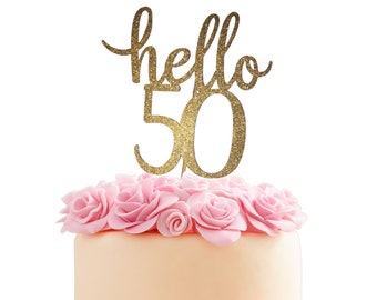 Hello 50 Glitter Cake Topper: 50th Birthday Party Decor