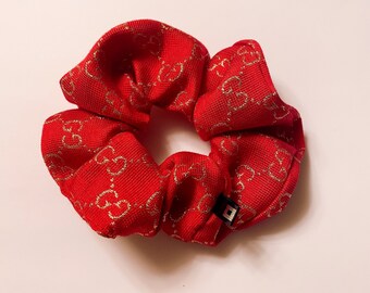 fashion elastic Designer inspired Italian jacquard red with gold scrunchie scrunchies scrunch 90s 80s trend