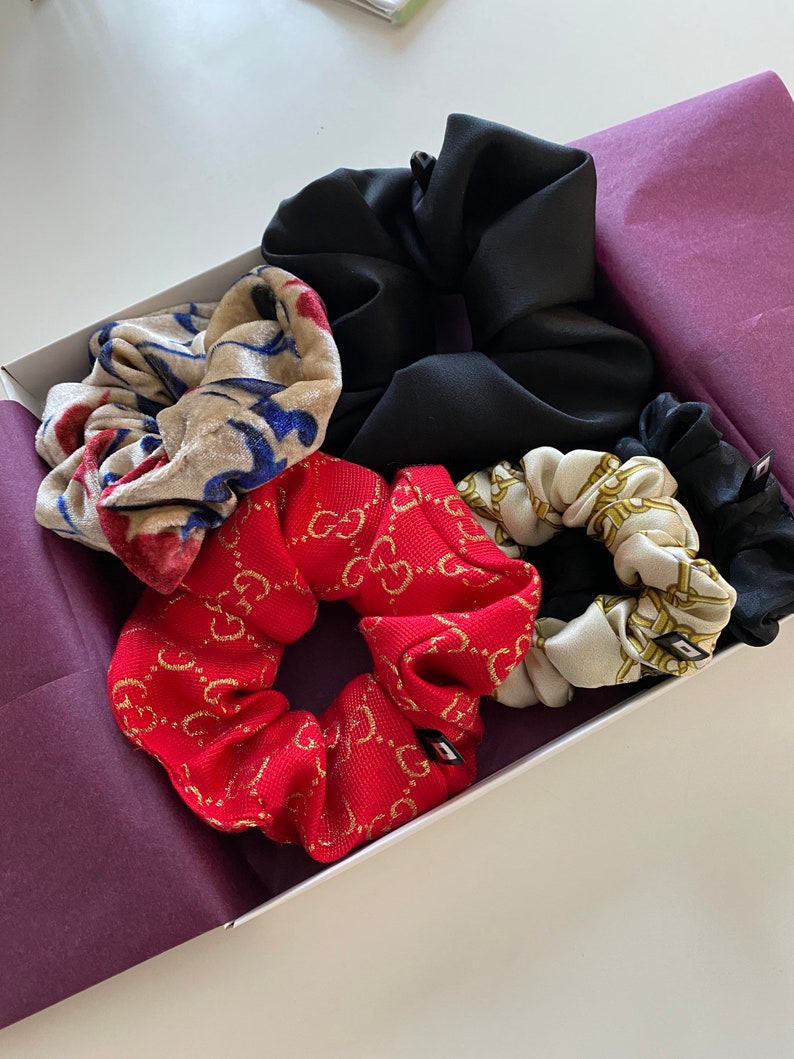 fashion elastic Designer inspired Italian jacquard red with gold scrunchie scrunchies scrunch 90s 80s trend