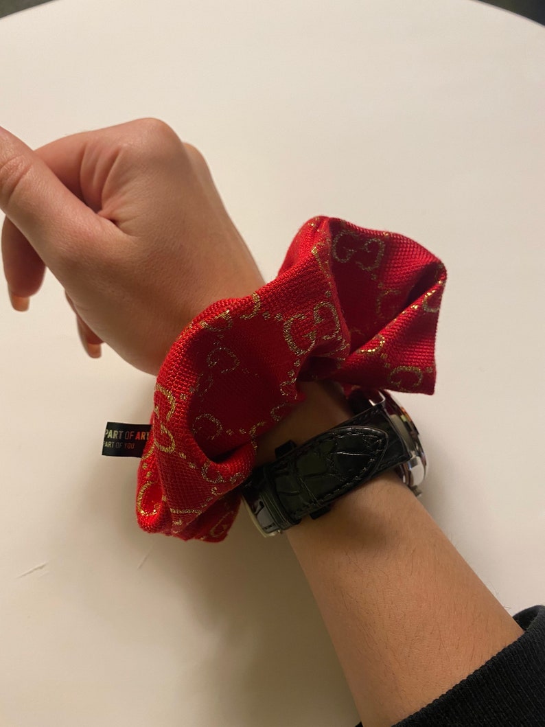 fashion elastic Designer inspired Italian jacquard red with gold scrunchie scrunchies scrunch 90s 80s trend