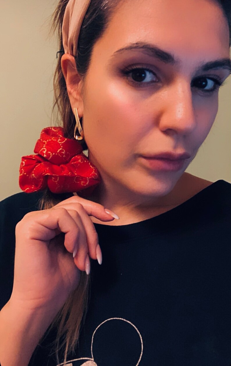 fashion elastic Designer inspired Italian jacquard red with gold scrunchie scrunchies scrunch 90s 80s trend