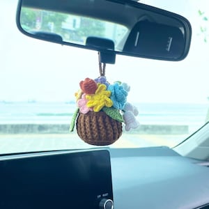 Crochet Hanging Flower Plant Basket for Car Decor, Rear View Mirror Accessories, Charm, Gift for Girlfriend Boyfriend, Birthday Funny Gift