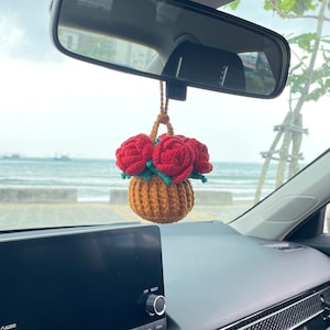Crochet Hanging Roses Flower Basket for Car Decor, Rear View Mirror Accessories, Charm, Gift for Girlfriend Boyfriend, Birthday Funny Gift