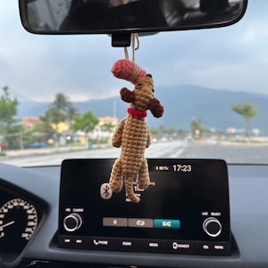 Crochet Hanging Dog Biting Sausage for Car Decor, Rear View Mirror Accessories, Charm, Gift for Girlfriend Boyfriend, Birthday Funny Gift