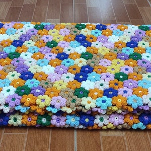 Custom Crochet Puff Flower Blanket or Anti Slip Mat, Granny Wool Throw Blanket, Baby Mat, Baby Blanket, Hippie Boho Logde, Pride Decor