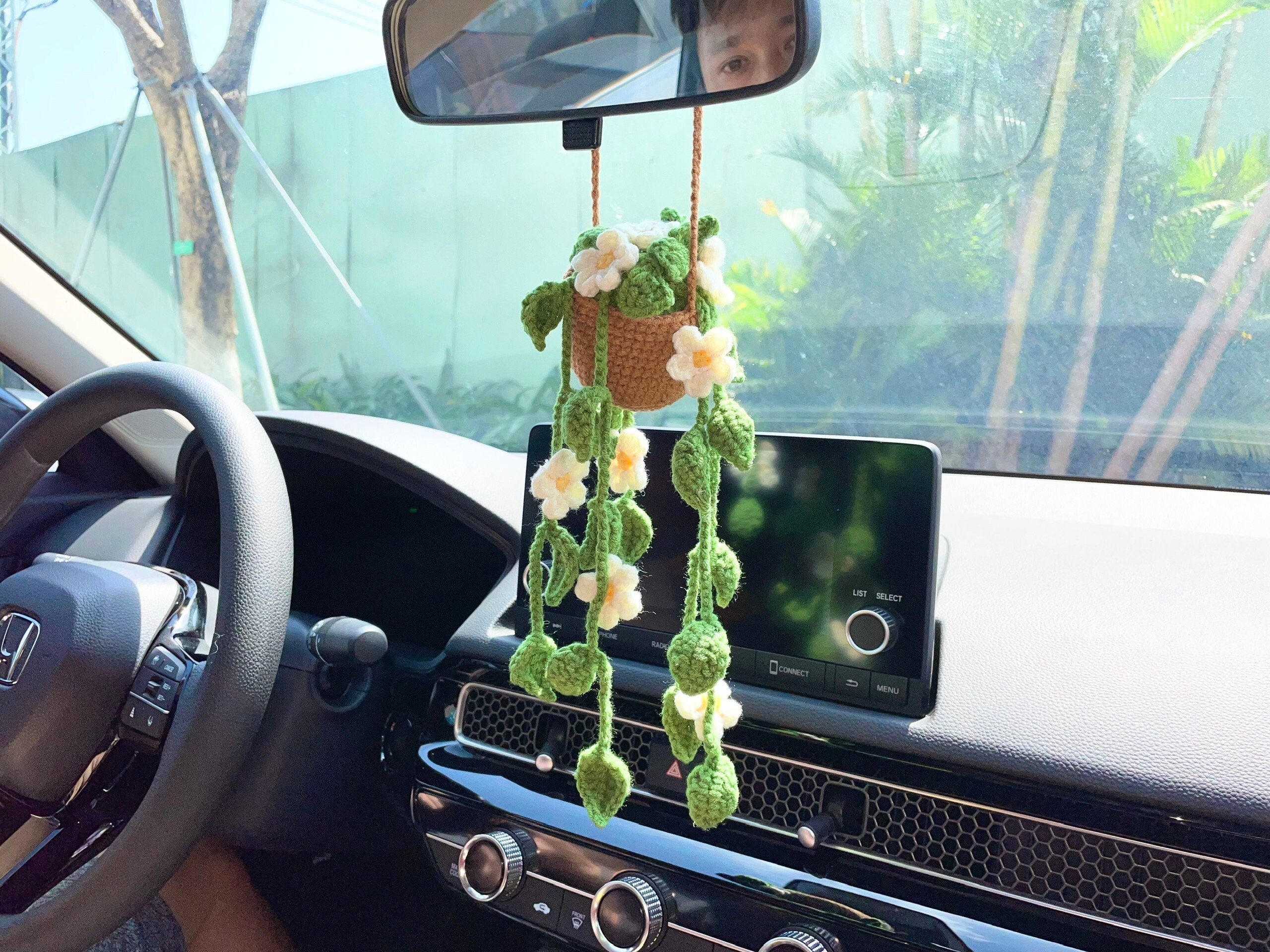 Ornamento All'Uncinetto Per Auto – Pianta Con Fiori E Foglie 9,5 Pollici, Decorazione Boho Chic Per Specchietto