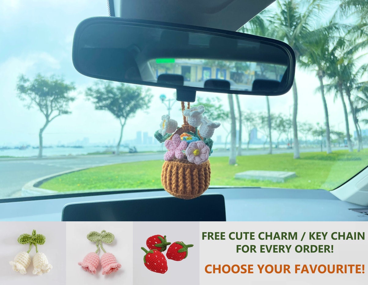 Crochet Roses Car Hanging Plant: Rearview Mirror Decoration - View #2